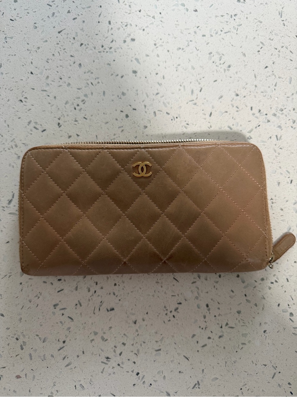 CHANEL Quilted Zip Wallet in Taupe Brown with Gold CC